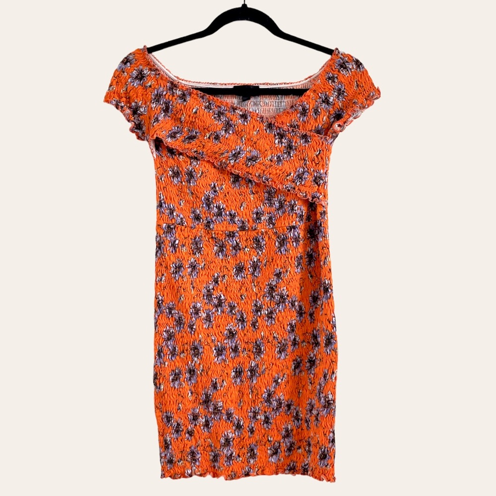 TOPSHOP Floral Print Shirred Bardot Dress